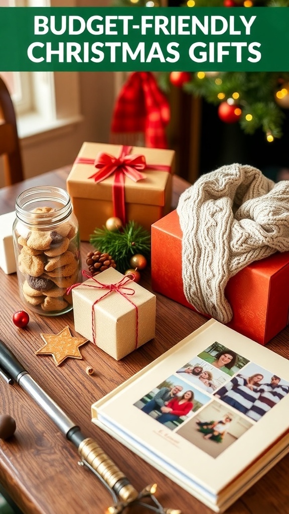 A collection of affordable Christmas gifts including cookies, a scarf, and a photo album on a wooden table.